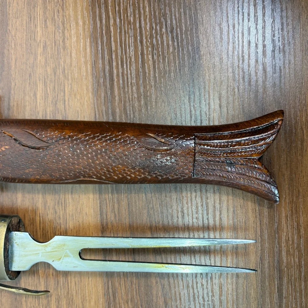 VINTAGE India Hand Carved Wood and Brass Letter Opener Scissors and Knife Set
